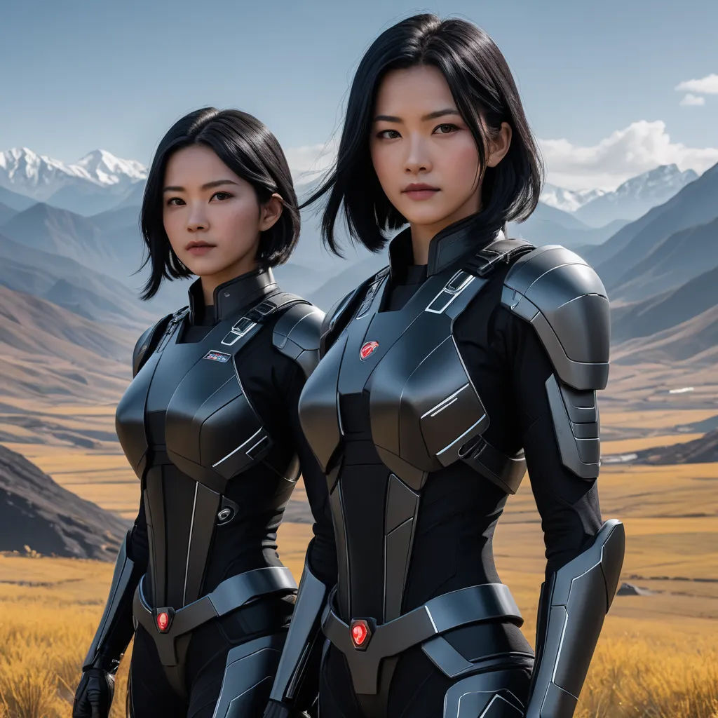 two women in futuristic suits standing in a field with mountains in the background and a blue sky with clouds, retrofuturism, computer graphics, Choi Buk, cgstudio