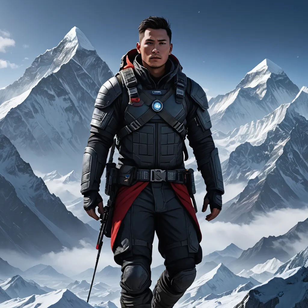 a man in a sci - fi outfit standing on a mountain top with a rifle in his hand and a helmet on his head, sots art, concept art, Cedric Seaut (Keos Masons), key art