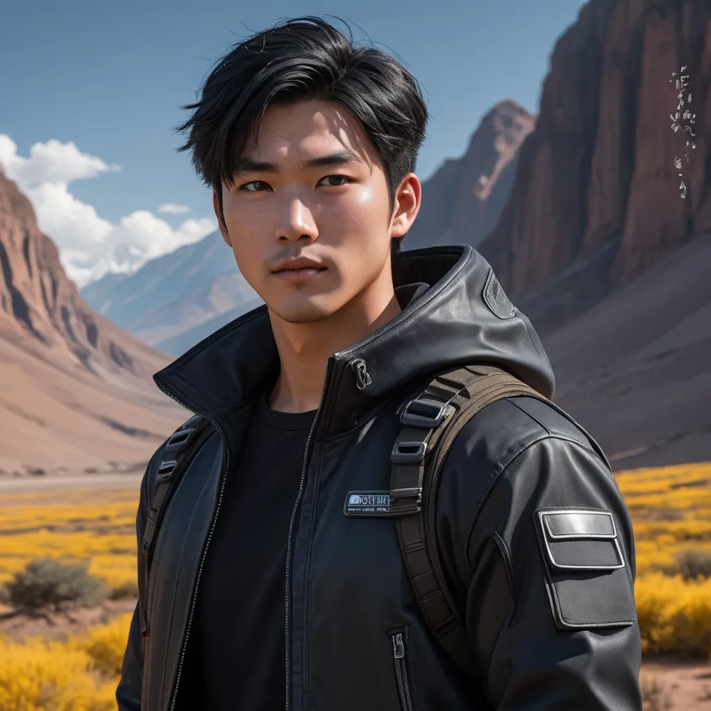 a man in a black jacket standing in a desert area with mountains in the background and a blue sky, aestheticism, a character portrait, Dai Jin, promotional image