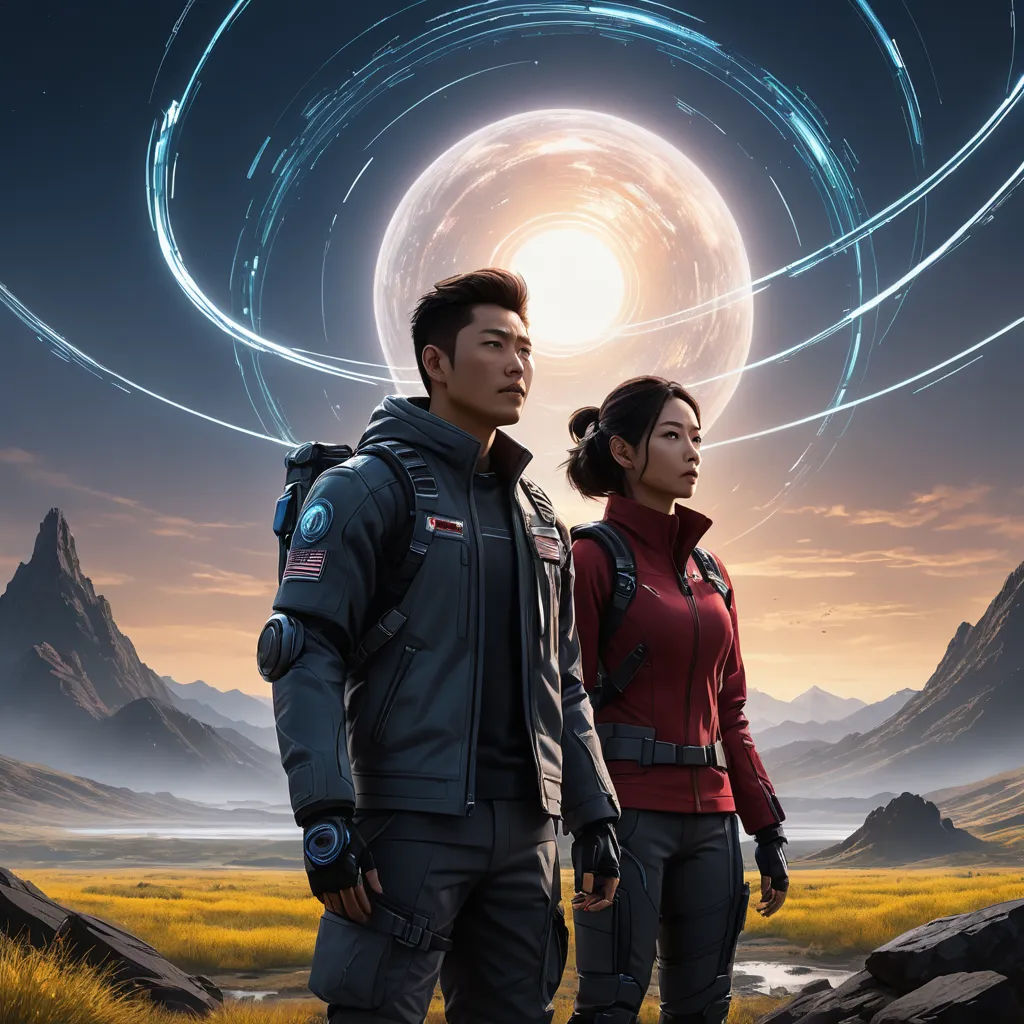 a man and a woman standing in front of a mountain with a spiral design in the sky above them, space art, poster art, Eve Ryder, key art