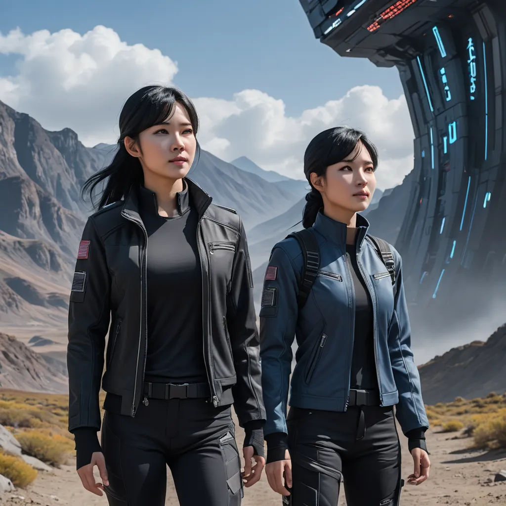 two women in black jackets standing in front of a mountain range with a futuristic structure in the background and a blue sky, space art, a detailed matte painting, Dai Xi, promotional image
