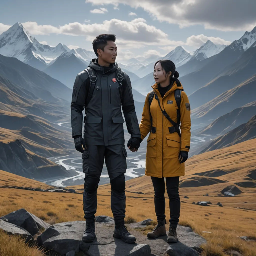 a man and woman standing on a mountain holding hands and looking at each other with mountains in the background, neo-romanticism, a poster, Cui Bai, promotional image