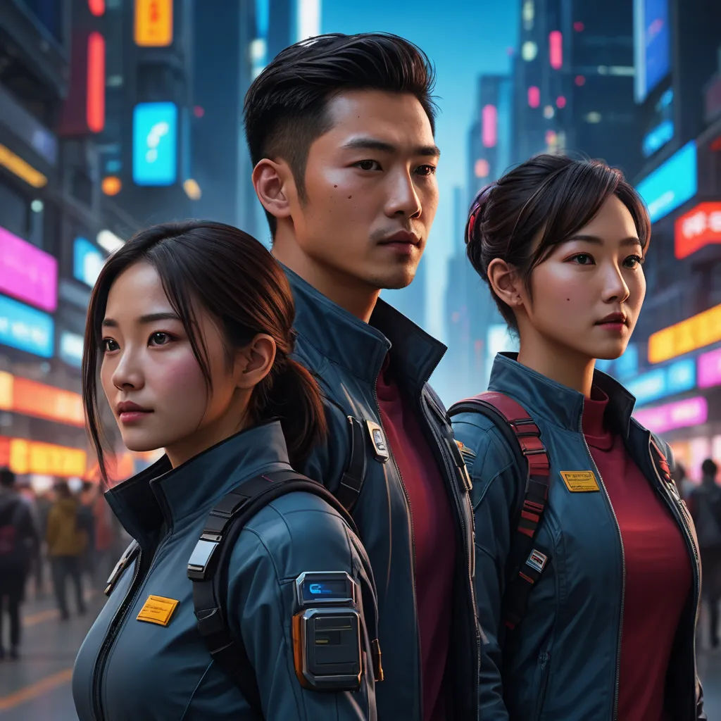 a group of people standing in a city at night with neon lights in the background and a cityscape in the background, retrofuturism, cyberpunk art, Beeple, key art