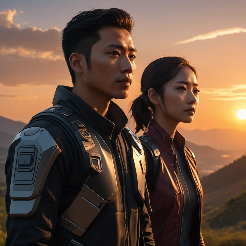 a couple of people standing next to each other on a hillside at sunset with mountains in the background and a sun setting, dau-al-set, a poster, Choi Buk, promotional image