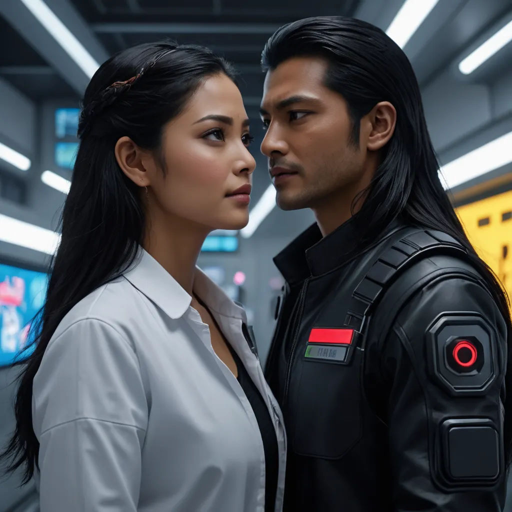 a man and a woman in a sci - fi setting looking at each other with a futuristic background and a yellow wall, retrofuturism, a character portrait, Artgerm, promotional image