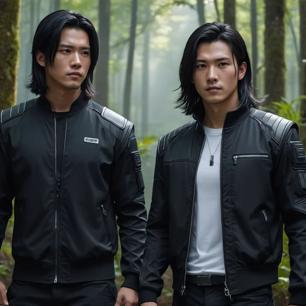 two asian men standing in the woods wearing black jackets and white shirts and black pants with zippers on the sleeves, neo-figurative, a photocopy, Dai Jin, promotional image