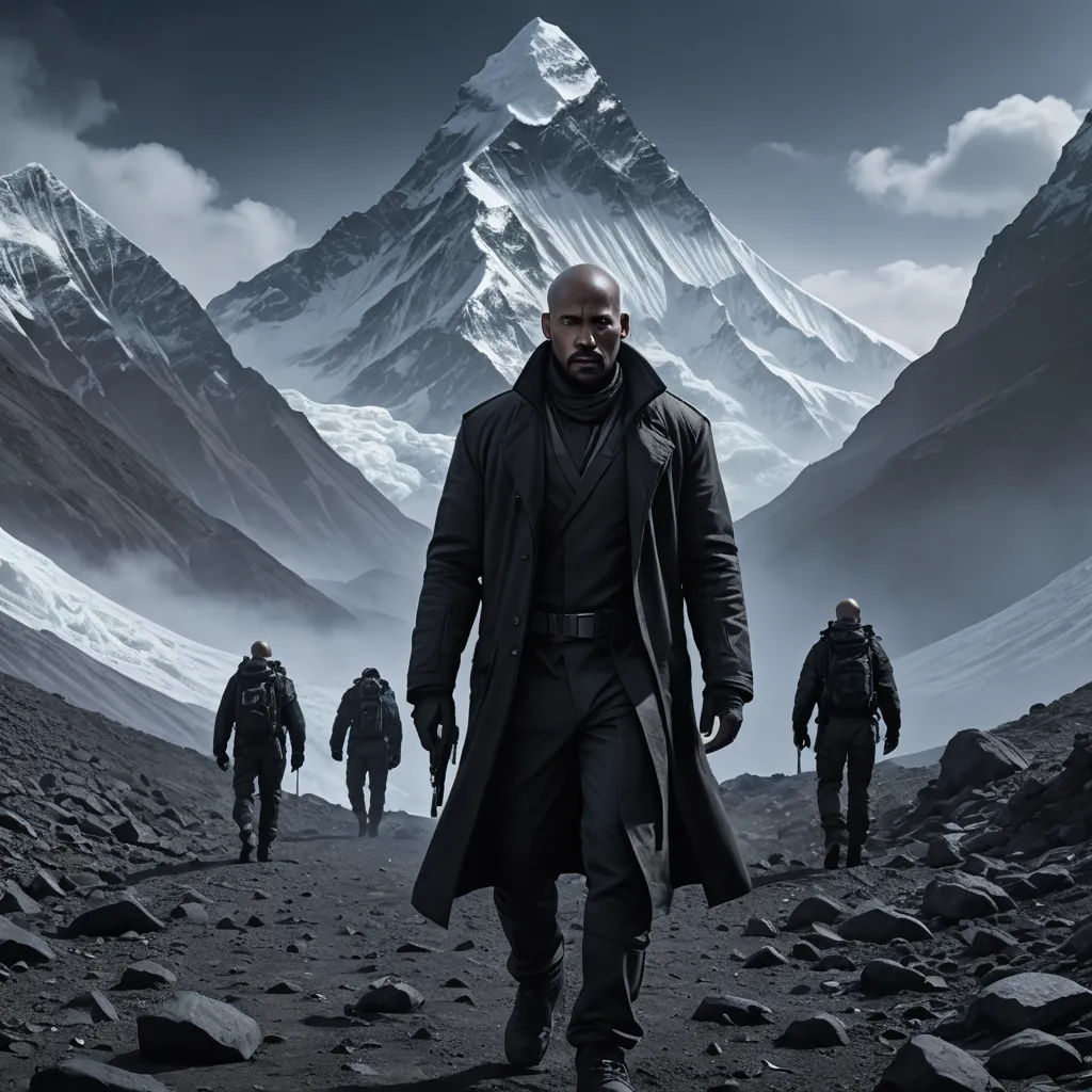 a man in a trench coat walking on a rocky mountain trail with a group of men in the background, dau-al-set, a detailed matte painting, Edi Rama, promotional image