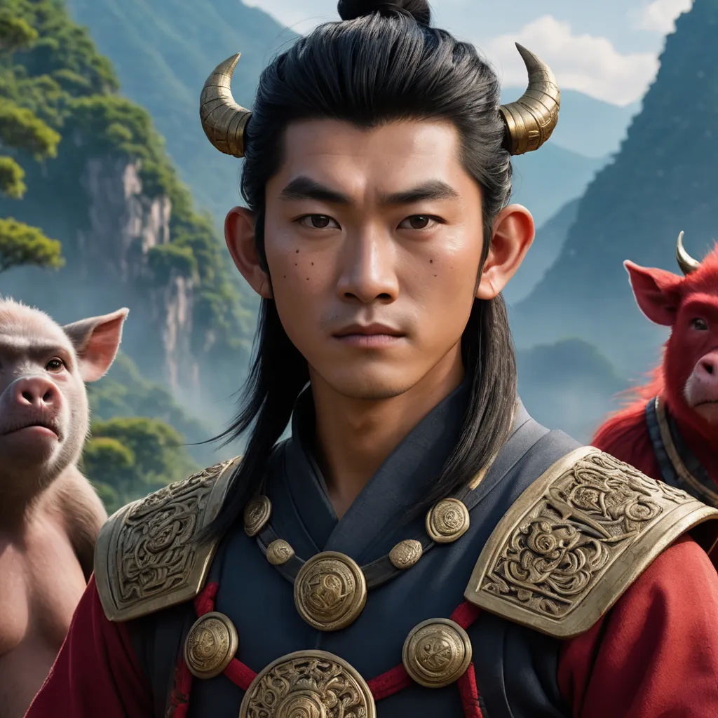a man in a costume with two animals in the background and a mountain in the background with a sky, dau-al-set, a poster, Dai Jin, promotional image