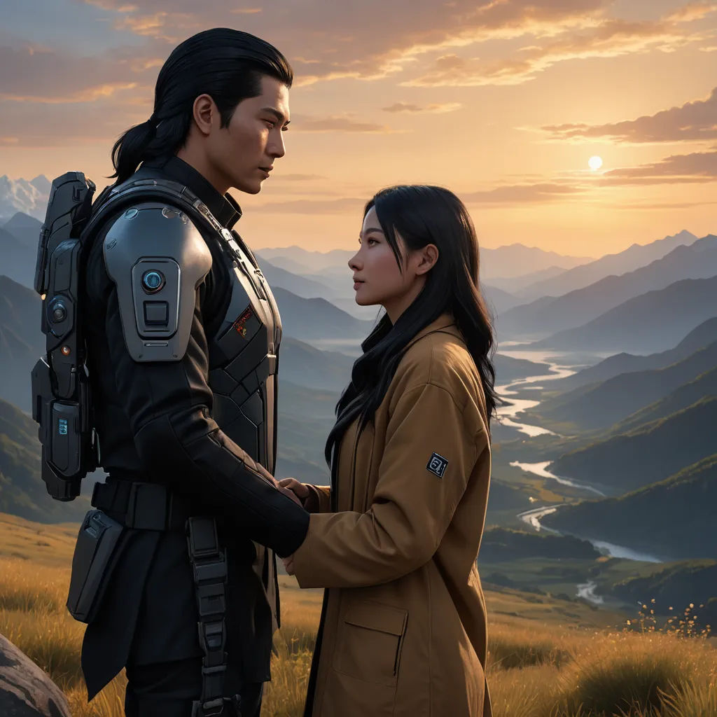 a man and a woman standing in a field with mountains in the background and a sunset in the background, neo-romanticism, a detailed matte painting, Dai Jin, key art