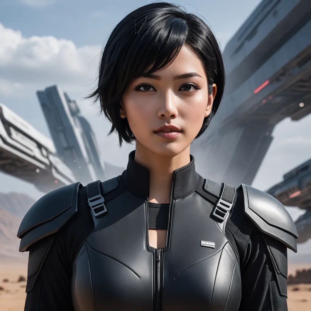 a woman in a futuristic suit standing in front of a futuristic city with a futuristic looking structure in the background, photorealism, a character portrait, Eizan Kikukawa, cgstudio