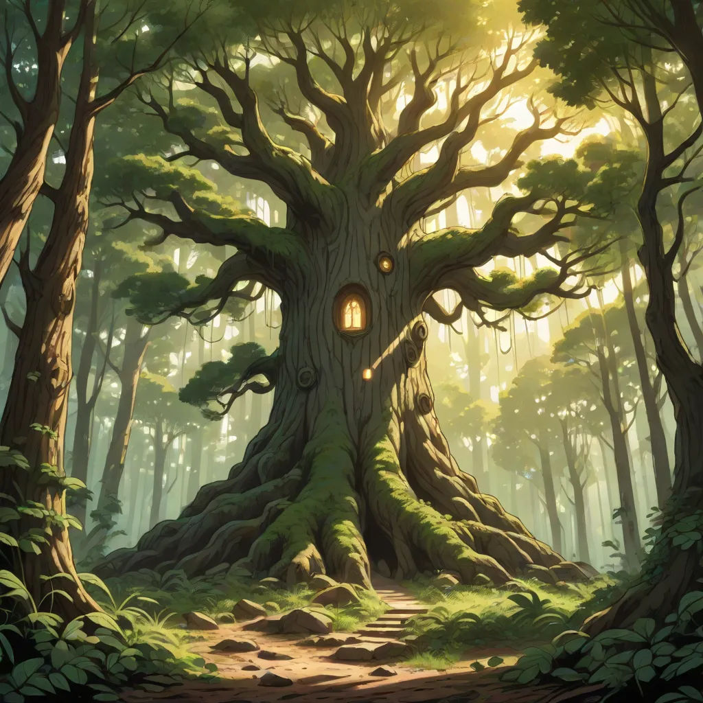 a tree with a light in it in the middle of a forest with a path leading to it and a light in the middle of the tree, Andreas Rocha, fantasy art, a storybook illustration, ghibli