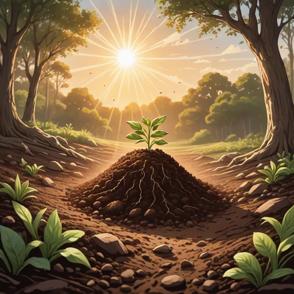 a painting of a dirt road with a tree and a sun in the background with a green plant growing out of the dirt, Chris LaBrooy, environmental art, a detailed matte painting, magic the gathering artwork