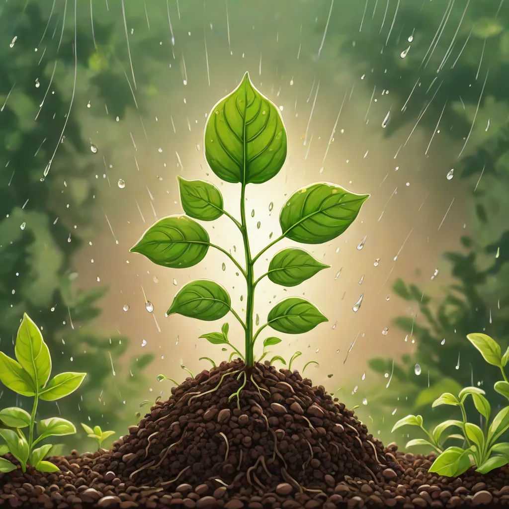 a green plant growing out of a pile of dirt in the rain with a green background and a light shining through the rain, Diego Gisbert Llorens, environmental art, a storybook illustration, highly detailed digital art