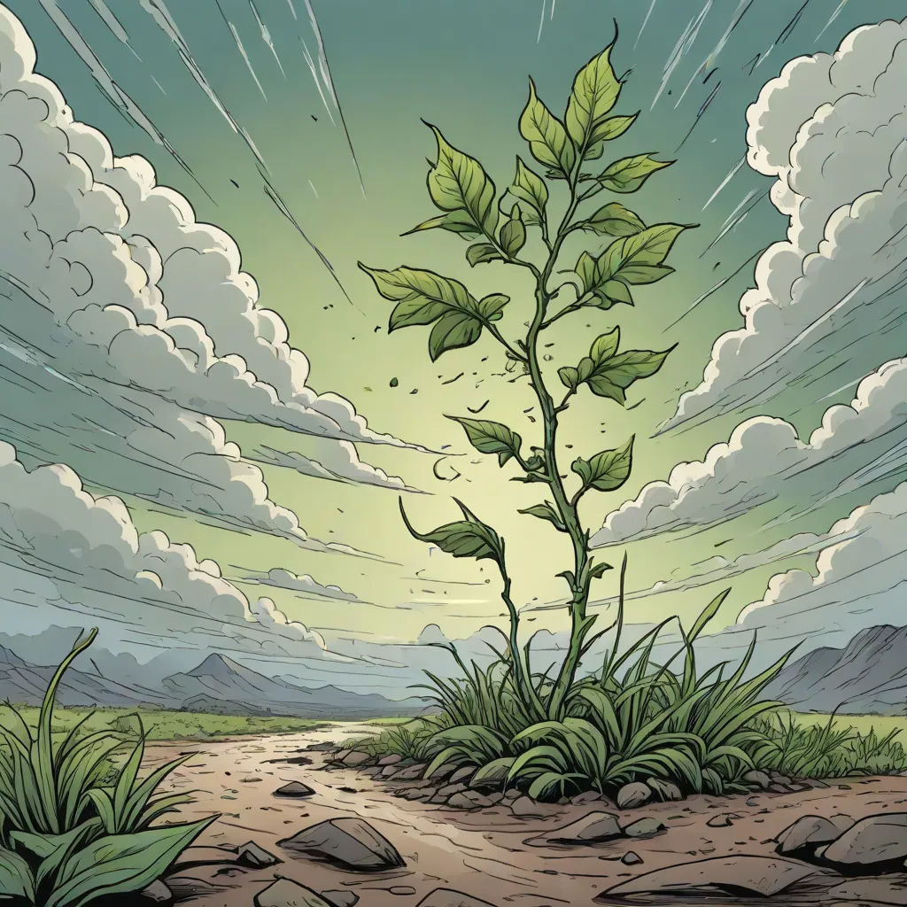 a drawing of a plant growing out of a dirt ground with a sky background and clouds in the background, Dan Mumford, environmental art, a comic book panel, comic cover art