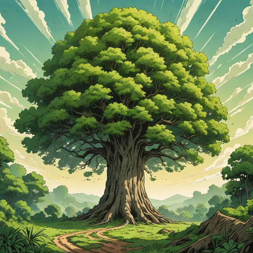 a painting of a tree with a dirt path leading to it and a sky background with clouds and sun rays, Chris LaBrooy, fantasy art, a detailed matte painting, ghibli