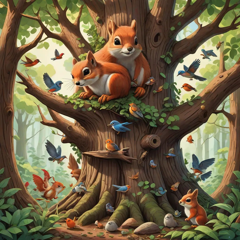 a painting of a squirrel sitting on a tree with other animals around it and a bird flying around it, Chris LaBrooy, pop surrealism, a storybook illustration, highly detailed digital painting