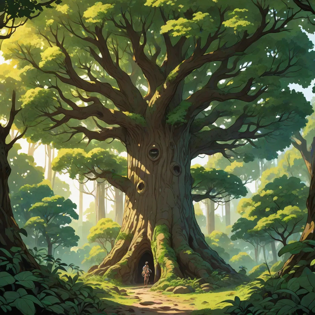 a painting of a tree with a person standing in the doorway of it in the middle of a forest, Andreas Rocha, fantasy art, a detailed matte painting, ghibli