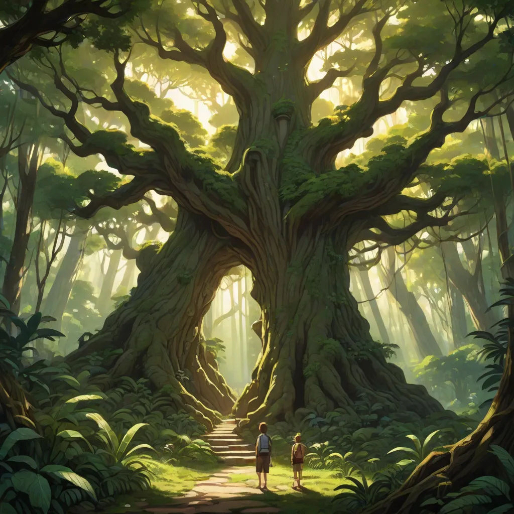 a painting of two people walking in a forest with a giant tree in the background and sunlight streaming through the trees, Andreas Rocha, fantasy art, a detailed matte painting, rossdraws global illumination
