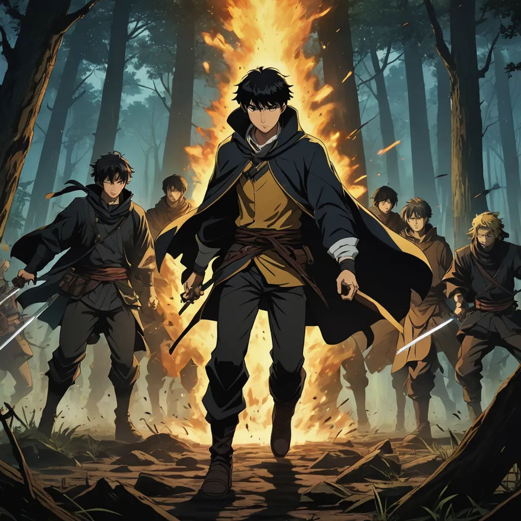 a group of people in a forest with fire in the background and a man in a cloak holding a sword, rayonism, concept art, Baiōken Eishun, anime key visual
