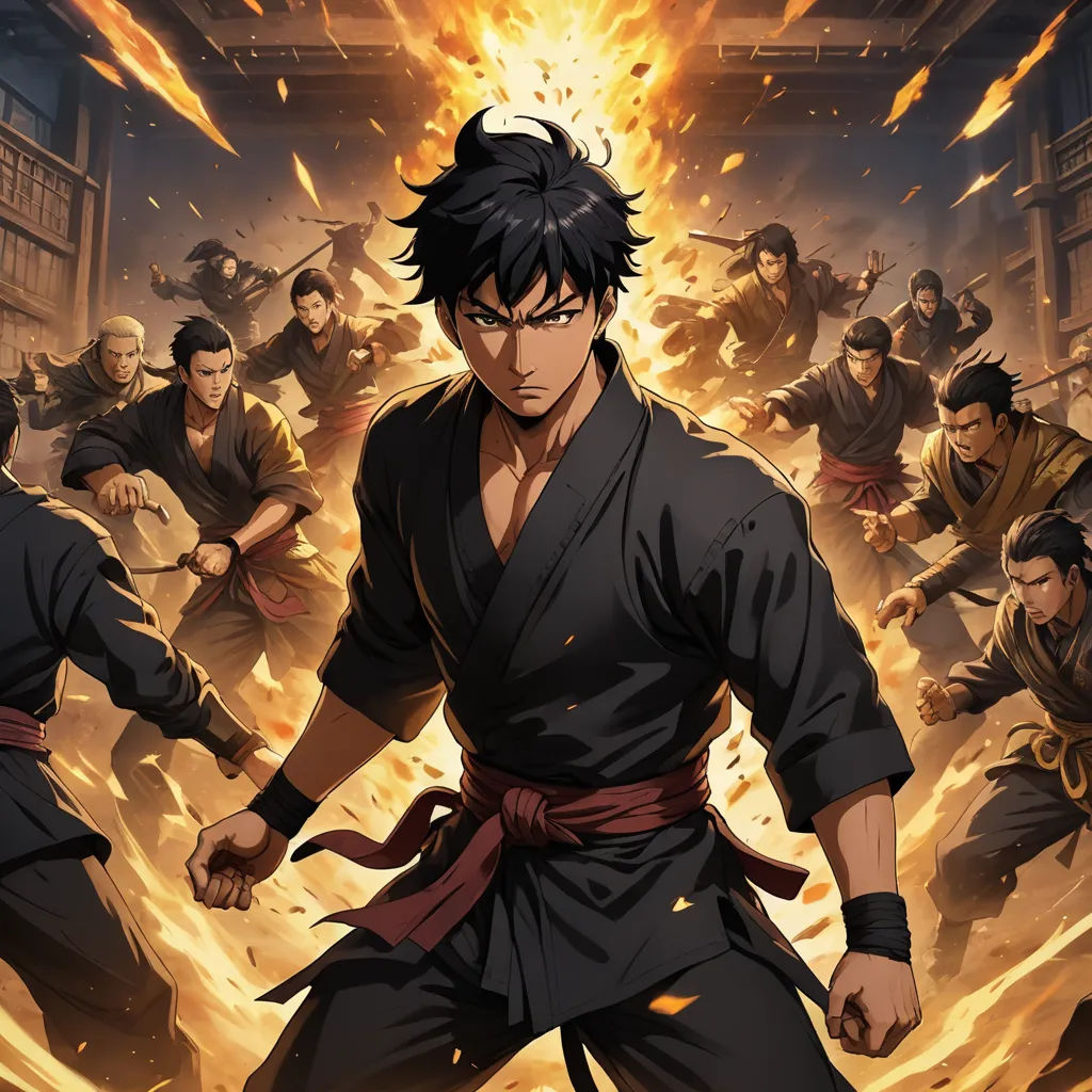 a man in a kimono standing in front of a bunch of people in a fire filled area with flames, dau-al-set, poster art, Baiōken Eishun, key visual
