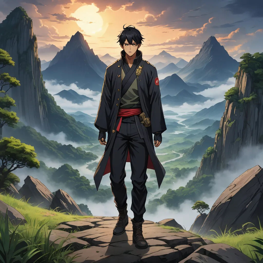 a man in a black outfit standing on a rock in front of a mountain landscape with a sunset in the background, dau-al-set, a matte painting, Du Jin, anime key visual