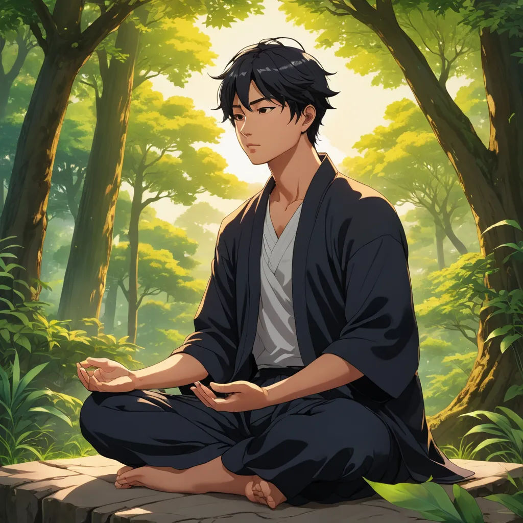 a man sitting in a forest doing yoga exercises with his hands together in the air and his eyes closed, aestheticism, a character portrait, Anne Said, official art