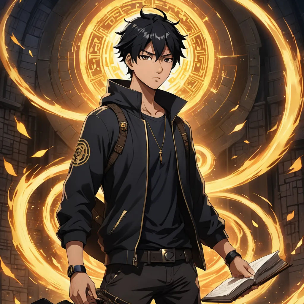 a man in a black jacket holding a book in front of a fire ring background with a circular design, rayonism, a character portrait, Cedric Seaut (Keos Masons), official art