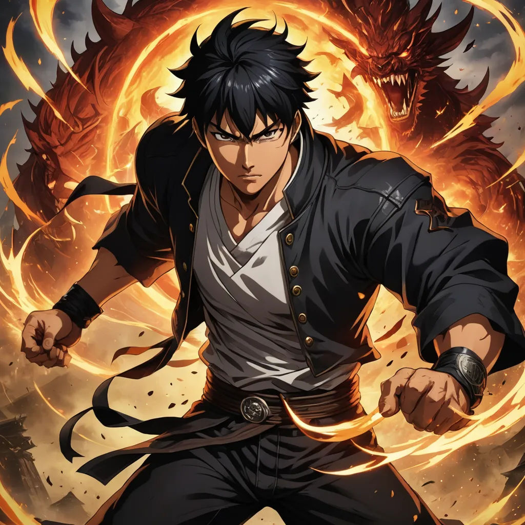 a man with a sword in front of a fire and demon background with a demon on it's back, rayonism, poster art, Baiōken Eishun, anime key visual