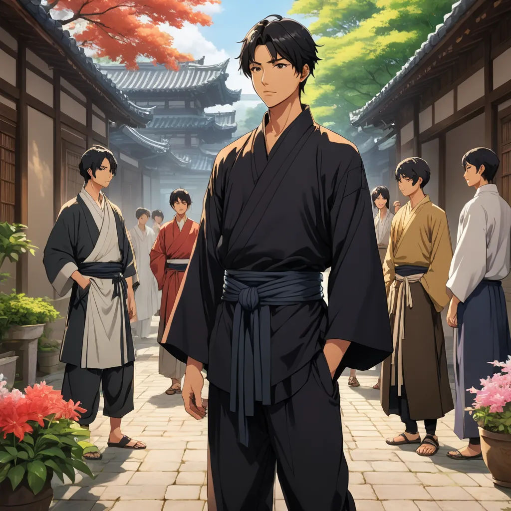 a man in a kimono standing in front of a group of people in a courtyard with flowers and trees, aestheticism, concept art, Baiōken Eishun, official art