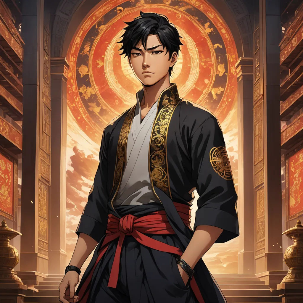 a man in a kimono standing in front of a doorway with a red sash around his waist and a gold ring around his neck, sots art, a character portrait, Du Jin, official art