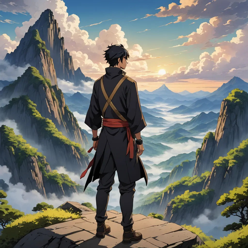 a man standing on a ledge looking at a mountain range with clouds and mountains in the background and a sky with clouds, dau-al-set, poster art, Cedric Seaut (Keos Masons), anime key visual