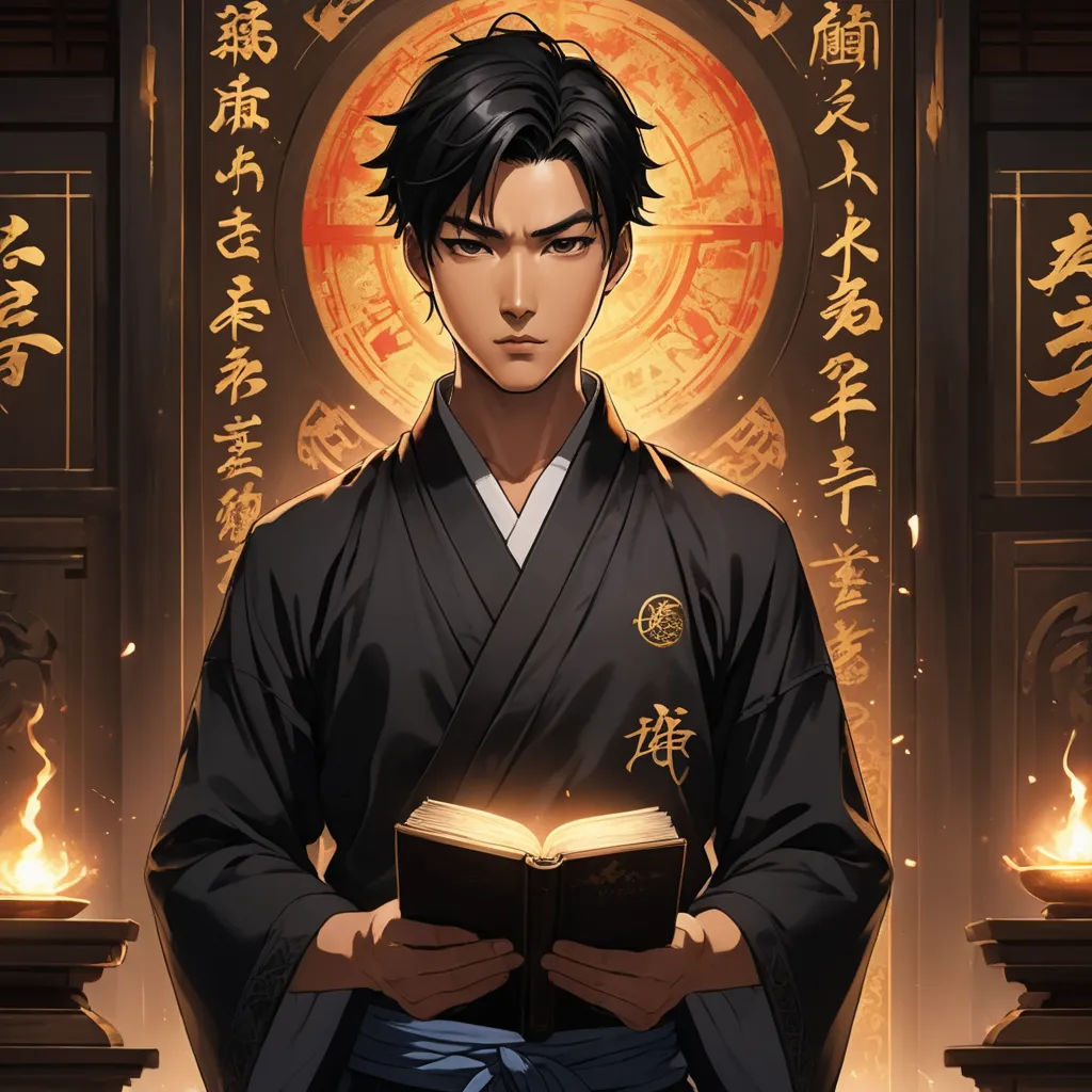 a man in a kimono holding a book in front of a golden circle with chinese writing on it, sots art, a character portrait, Du Jin, official art
