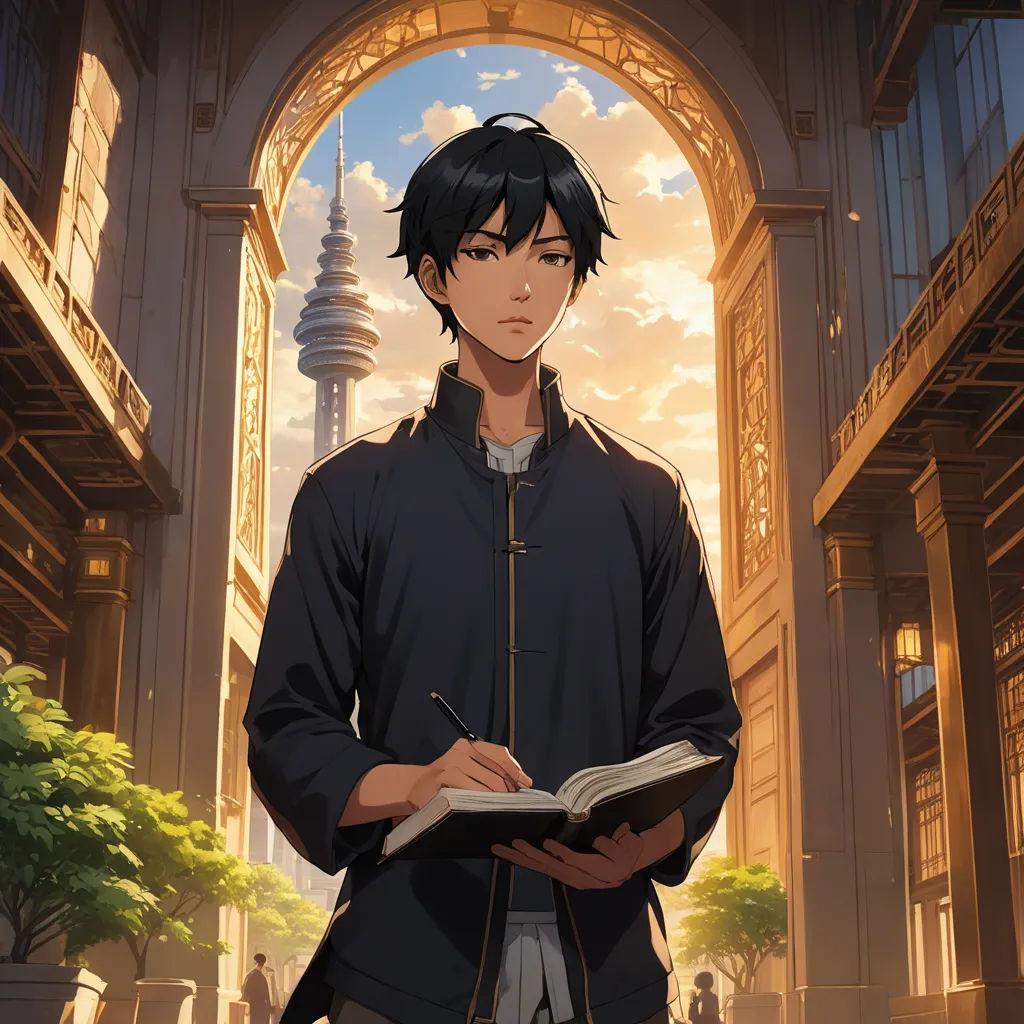 a man standing in front of a building holding a book and pen in his hand and looking at the camera, aestheticism, a character portrait, Chen Hong, official art