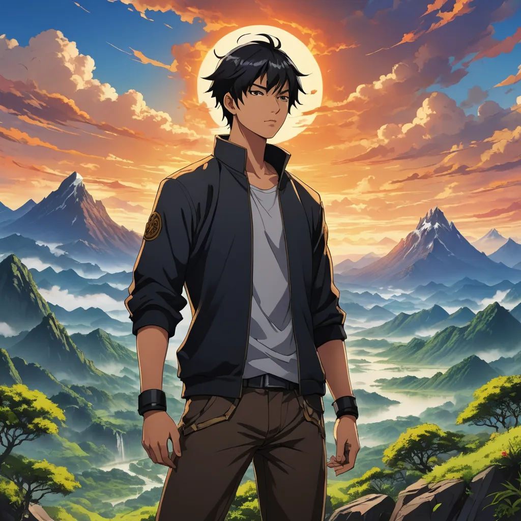 a man standing in front of a mountain with a sunset behind him and a mountain range in the background, rayonism, a character portrait, Cedric Seaut (Keos Masons), anime key visual