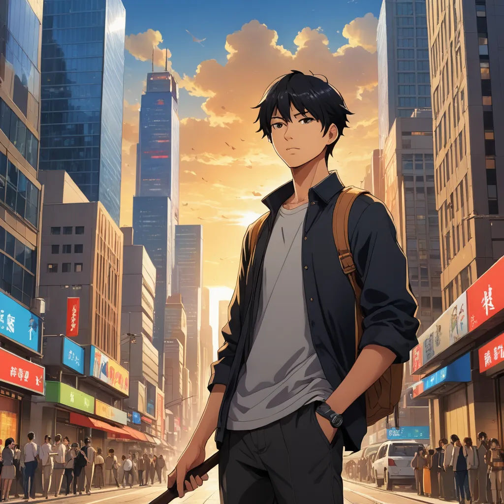 a man holding a baseball bat in a city street with people standing around him and buildings in the background, aestheticism, poster art, Cedric Seaut (Keos Masons), anime key visual