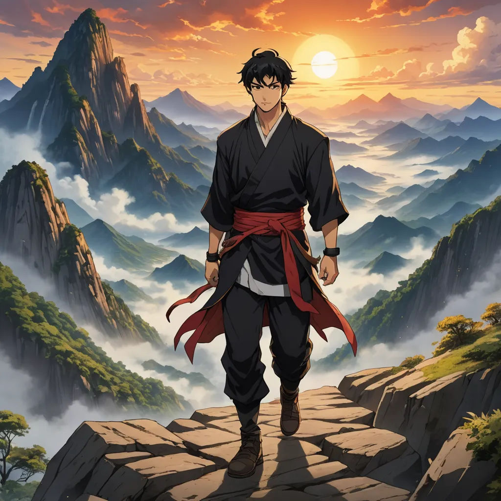 a man in a black outfit standing on a rock with mountains in the background and a sunset in the sky, dau-al-set, poster art, Baiōken Eishun, anime key visual