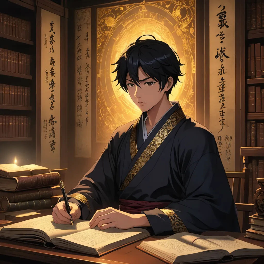 a man sitting at a desk with a pen and book in his hand and a book in front of him, rayonism, a character portrait, Anne Said, official art