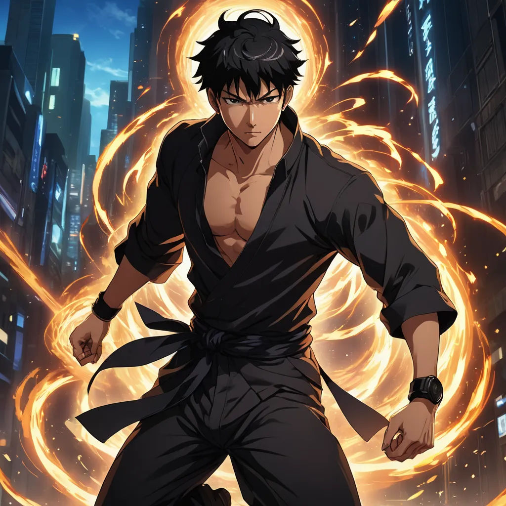 a man in a black shirt with a sword in his hand and a city in the background with bright lights, dau-al-set, poster art, Baiōken Eishun, ufotable