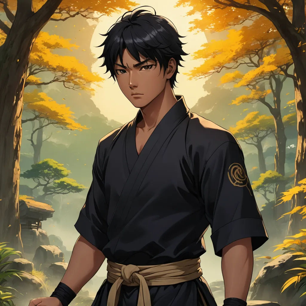 a man in a kimono standing in a forest with trees and rocks in the background, with a sword in his hand, dau-al-set, a character portrait, Baiōken Eishun, character portrait