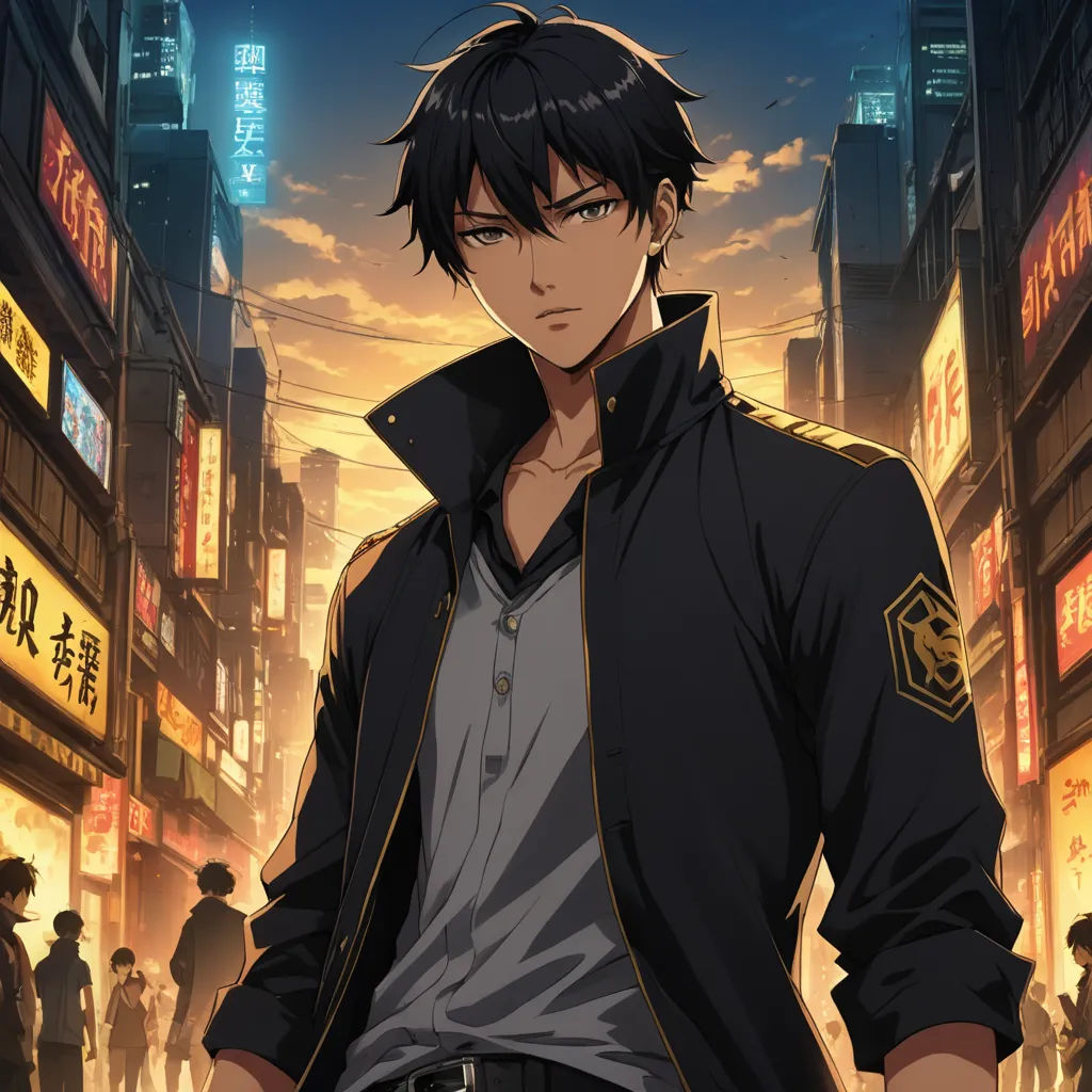 a man in a black jacket standing in a city street at night with a cityscape in the background, rayonism, a character portrait, Cedric Seaut (Keos Masons), anime key visual