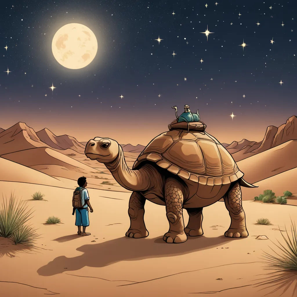 a man standing next to a giant turtle in the desert at night with a full moon in the background, afrofuturism, a storybook illustration, Chris LaBrooy, storybook illustration