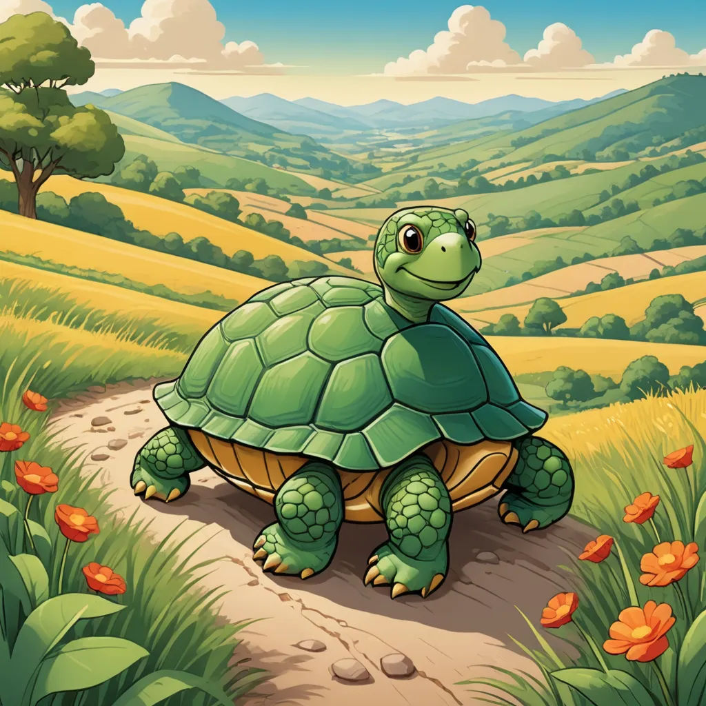 a cartoon turtle walking down a dirt road in a field of flowers and trees with a view of a valley, sots art, a storybook illustration, Chris LaBrooy, storybook illustration