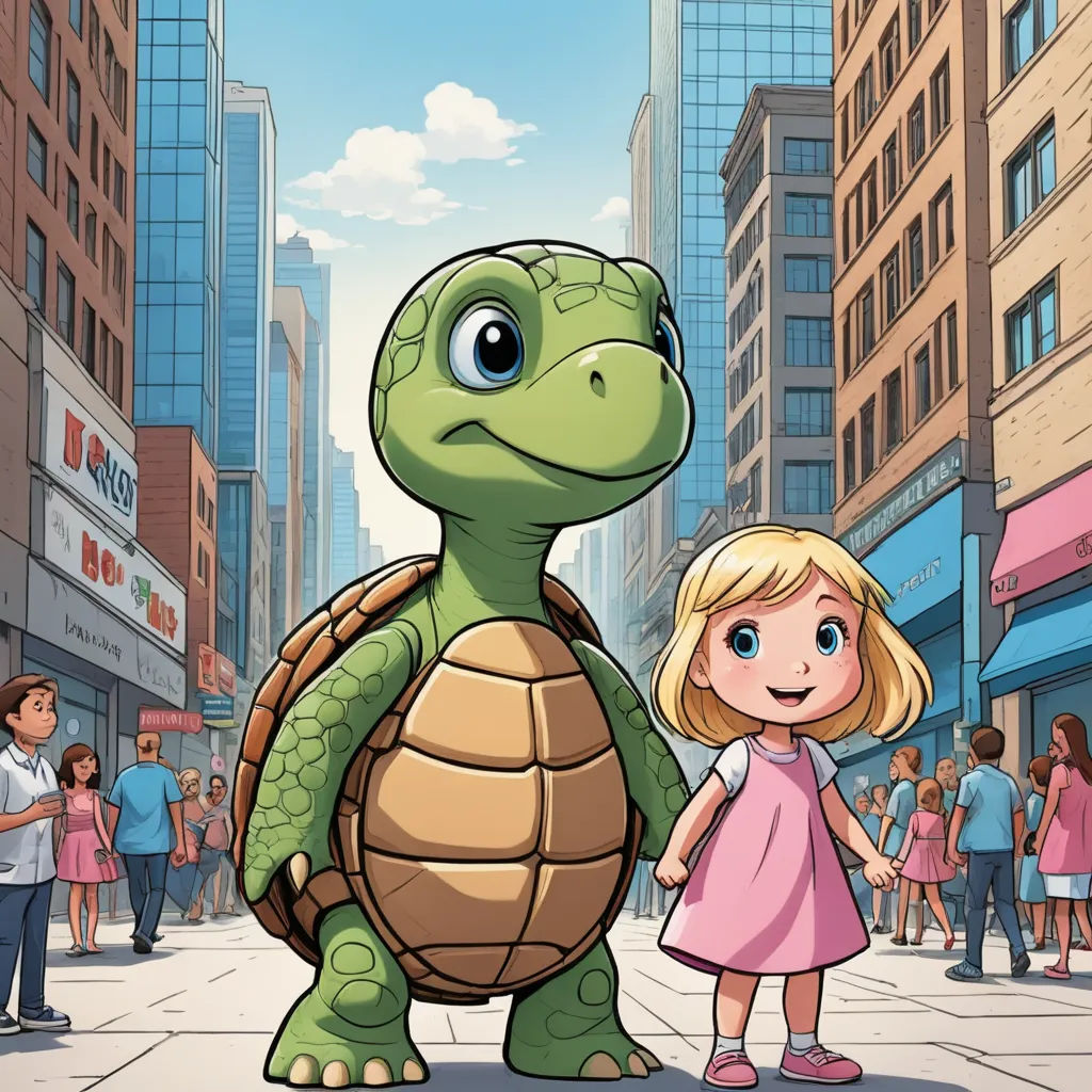 a little girl standing next to a turtle on a city street with people walking around it and a large turtle on the sidewalk, lyco art, a storybook illustration, Diego Gisbert Llorens, promotional image
