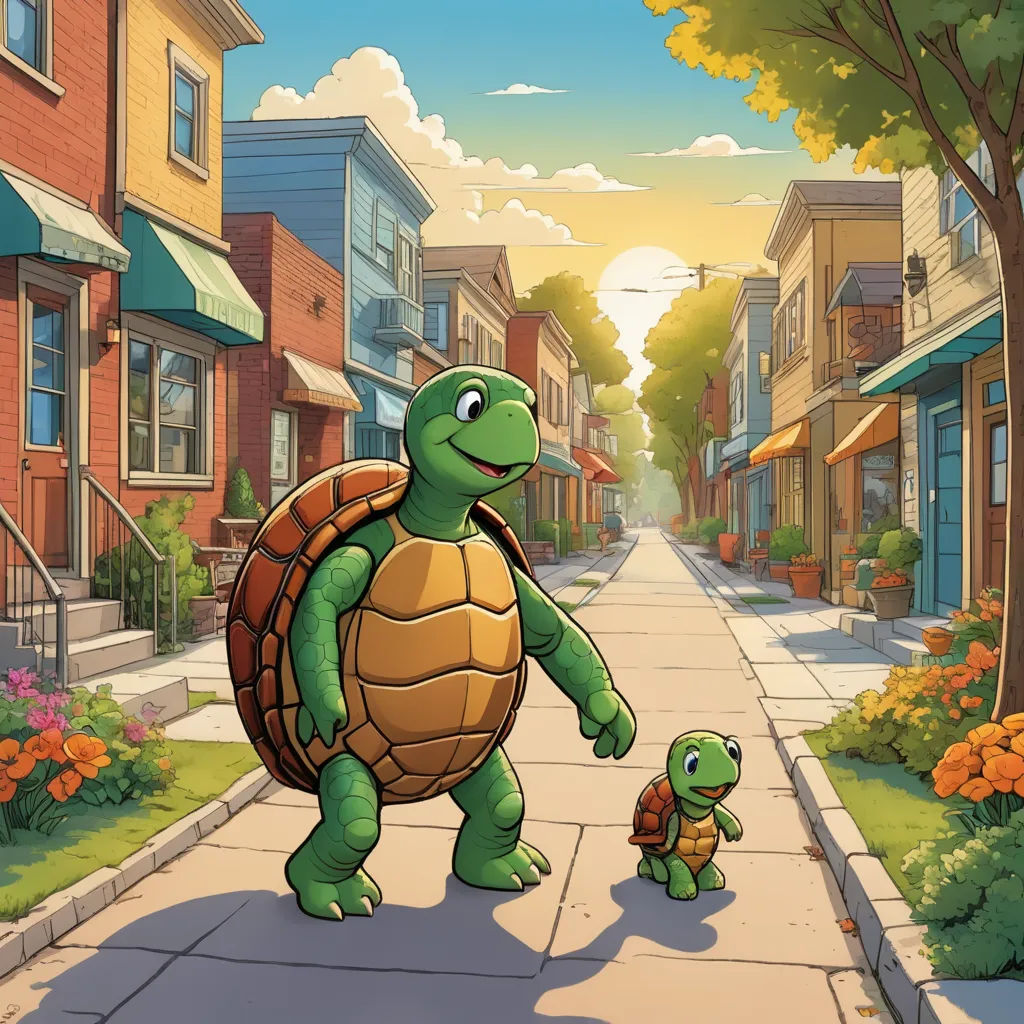 a cartoon turtle and a baby turtle walking down a street in a neighborhood with houses and trees on either side, american scene painting, a storybook illustration, Chris LaBrooy, storybook illustration