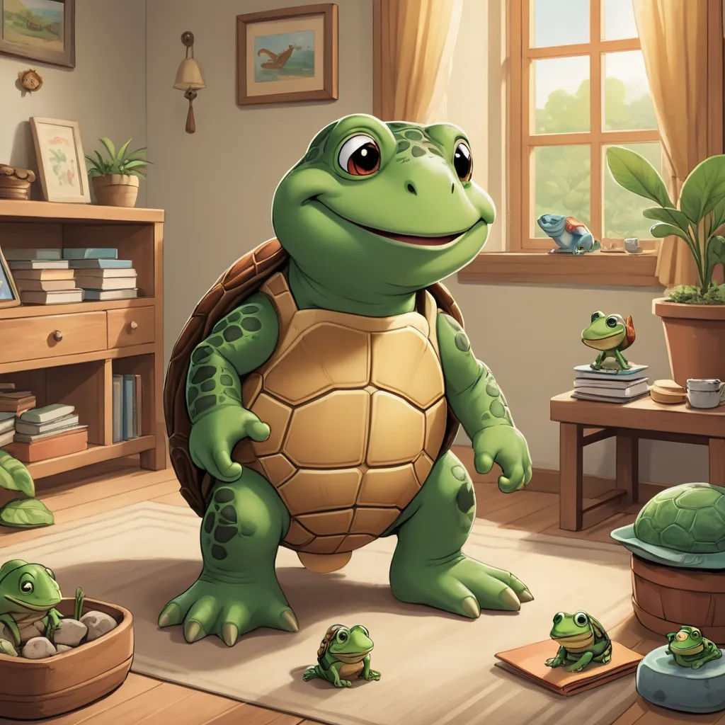 a cartoon turtle is standing in a room with other turtles and a potted plant in the corner of the room, sots art, a storybook illustration, Chris LaBrooy, storybook illustration