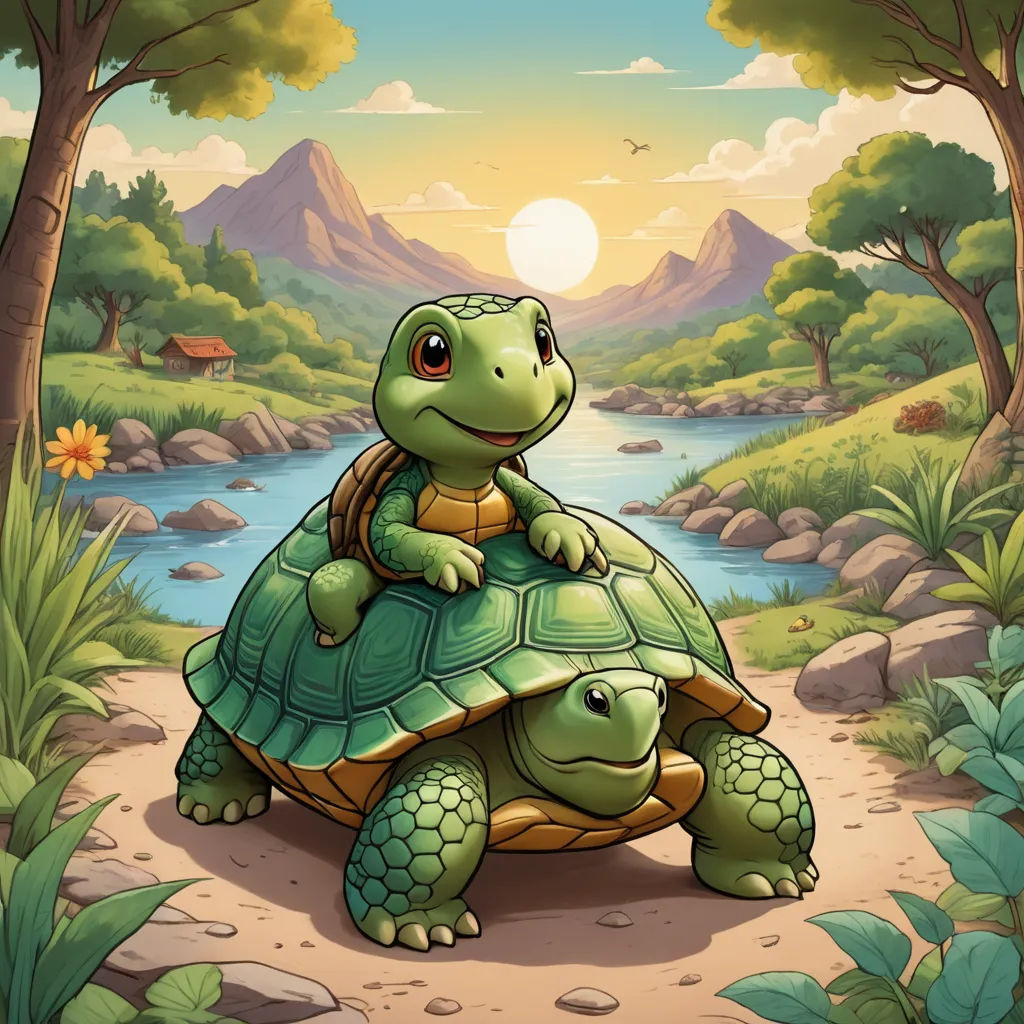 a turtle sitting on top of a turtle in a forest next to a river and mountains with a sun, sots art, a storybook illustration, Chris LaBrooy, storybook illustration
