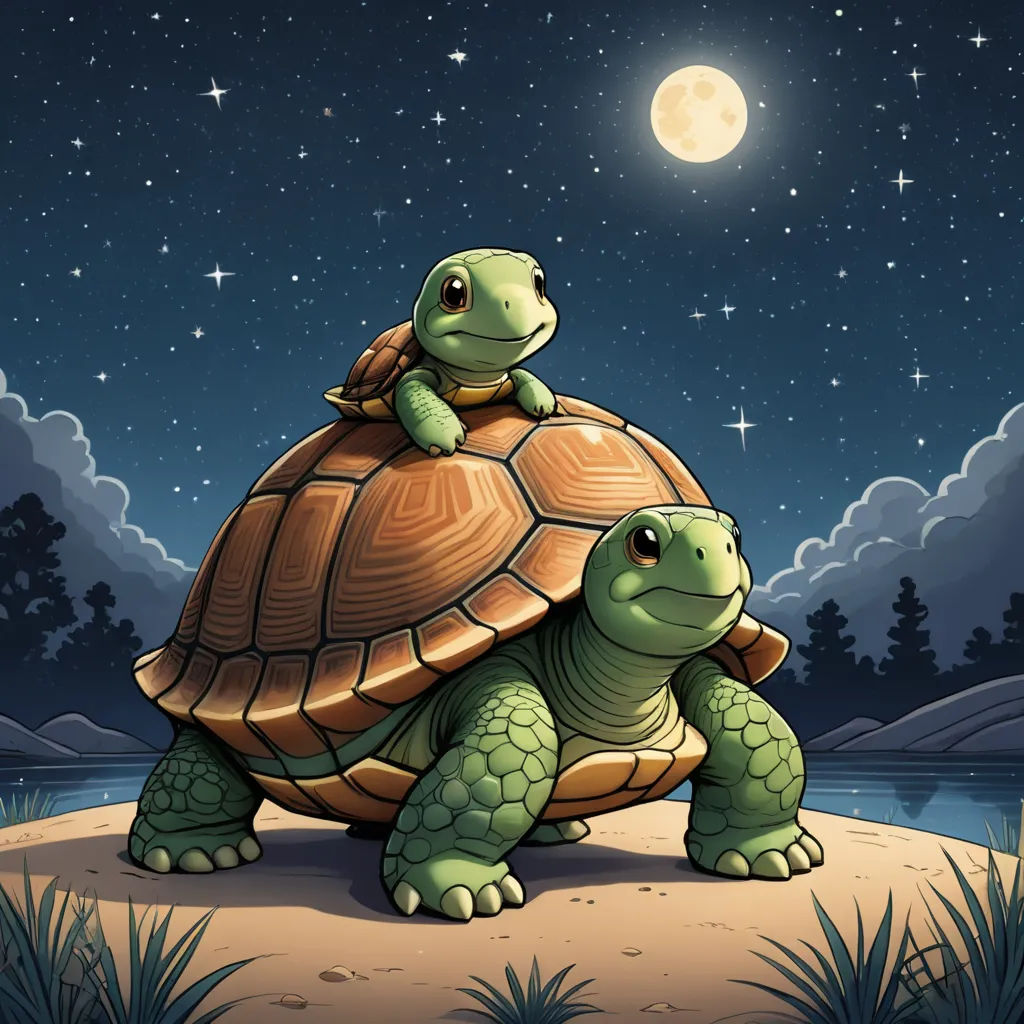 a couple of turtles sitting on top of a turtle in the night sky with a full moon in the background, space art, a storybook illustration, Chris LaBrooy, 4 k hd wallpaper