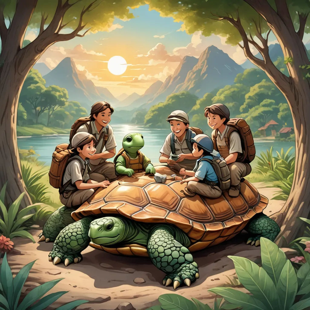 a group of people sitting on top of a turtle in the forest with a turtle on the ground next to them, sots art, a storybook illustration, Diego Gisbert Llorens, storybook illustration