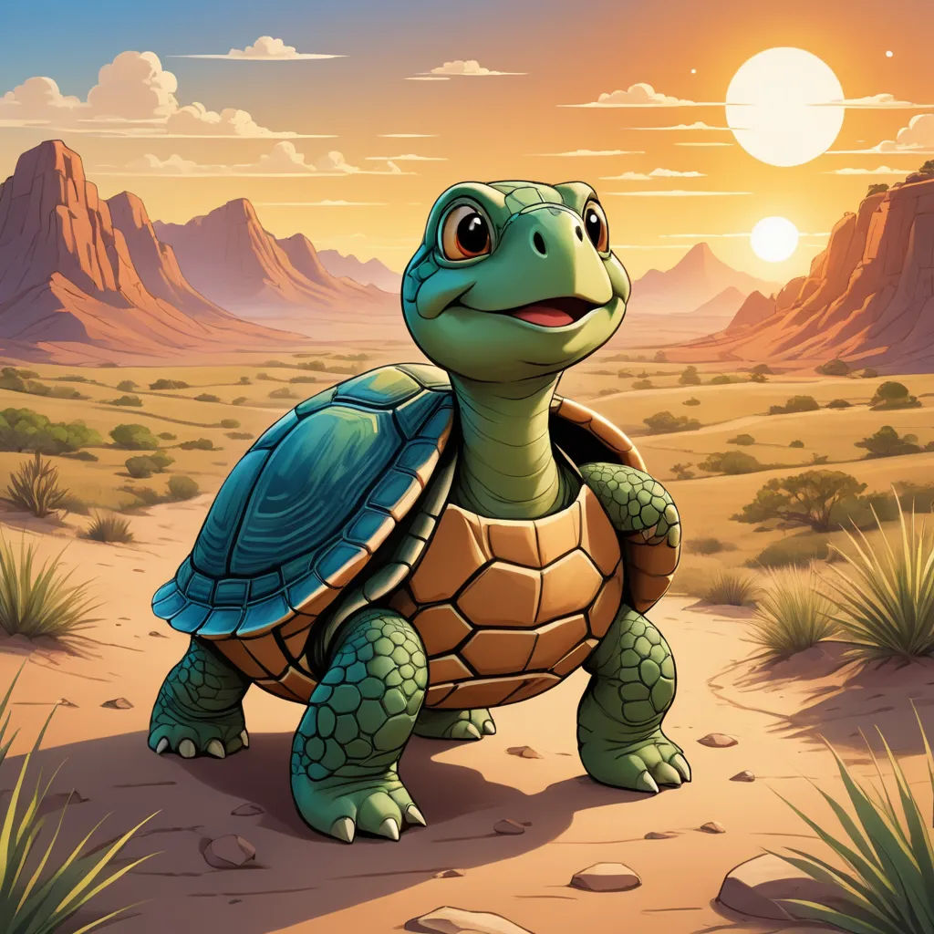 a cartoon turtle in the desert with a sunset in the background and mountains in the background, with a sun setting behind it, sots art, a character portrait, Chris LaBrooy, official art