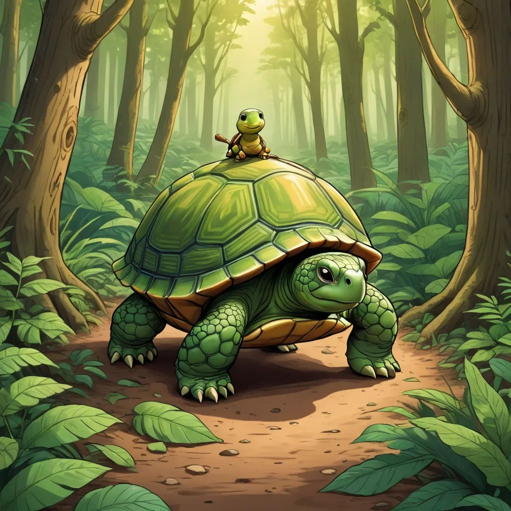a turtle and a turtleling in a forest with trees and leaves on the ground and a person on top of the turtle, fantasy art, a storybook illustration, Chris LaBrooy, storybook illustration